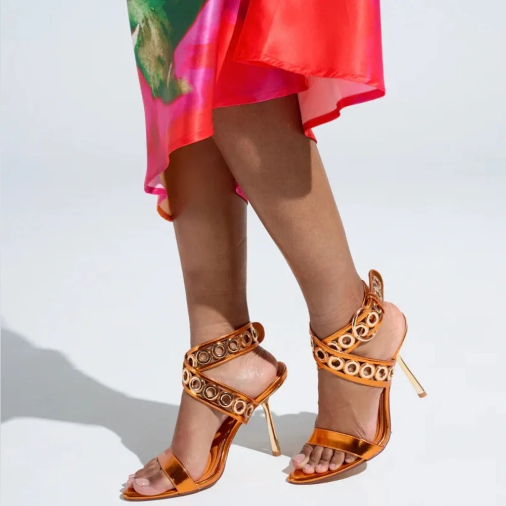 Orange & Metallic Gold Hardware Embellished Stiletto High Heel Sandals
